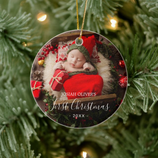 Simple Cute Elegant Photo Baby's First Christmas Ceramic Tree Decoration (Tree)