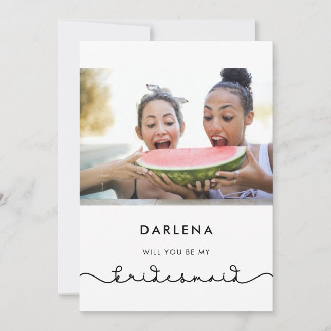Simple cute font Bridesmaid proposal photo card (Front)