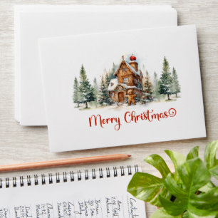 Simple cute gingerbread house in sage green red envelope