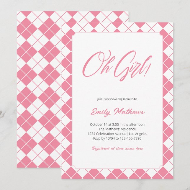 Simple Cute Gingham Pink Plaid Girl Baby Shower Invitation (Front/Back)