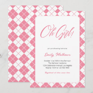 Simple Cute Gingham Pink Plaid Girl Baby Shower Invitation