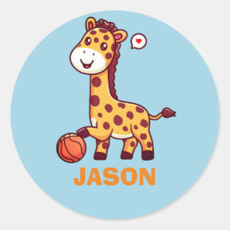 Simple cute giraffe kawaii with basketball classic round sticker