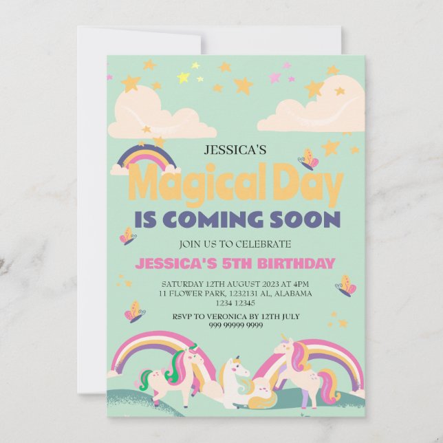 Simple Cute Girl Photo Unicorn First Birthday Baby Invitation (Front)