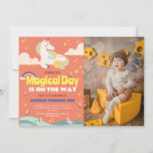 Simple Cute Girl Photo Unicorn First Birthday Baby Invitation