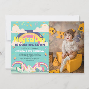Simple Cute Girl Photo Unicorn First Birthday Baby Invitation