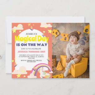 Simple Cute Girl Photo Unicorn First Birthday Baby Invitation