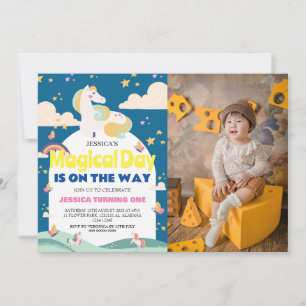 Simple Cute Girl Photo Unicorn First Birthday Baby Invitation
