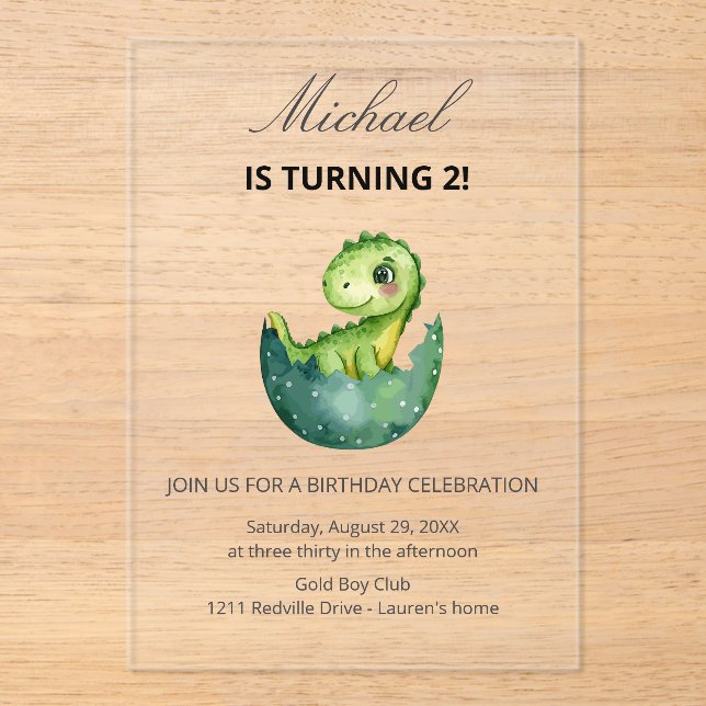 Simple Cute Green Dinosaur Birthday Party Invitati Acrylic Invitations (Front)