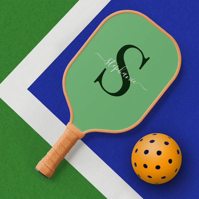 Simple Cute Green Monogram Initial Name Pickleball Paddle (Creator Uploaded)