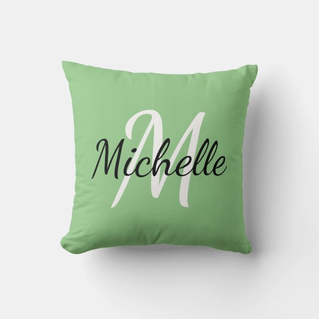 Simple Cute Green Monogram Name + Initial Cushion (Front)