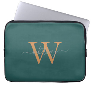 Simple Cute Green Monogram Name & Initial Laptop Sleeve