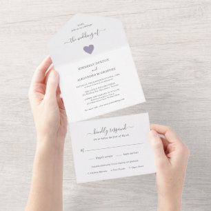 Simple Cute Heart Modern Dusty Purple Wedding All In One Invitation
