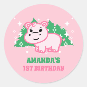 Simple Cute Hippo Pink 1st Birthday Party Classic Round Sticker
