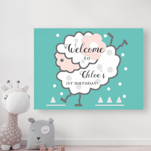 Simple Cute Jumping Lamb 1st Birthday Cyan Welcome Poster