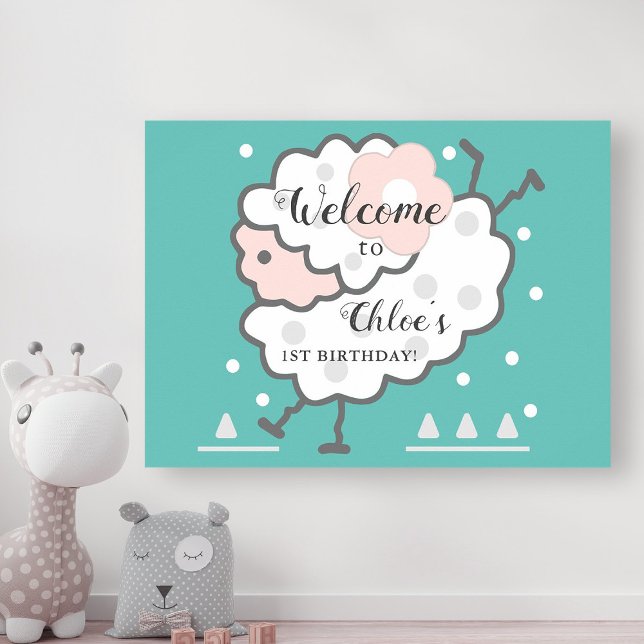 Simple Cute Jumping Lamb 1st Birthday Cyan Welcome Poster (Creator Uploaded)