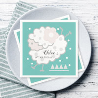 Simple Cute Jumping Lamb Cyan & White 1st Birthday