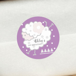 Simple Cute Jumping Lamb Lavender 1st Birthday Classic Round Sticker