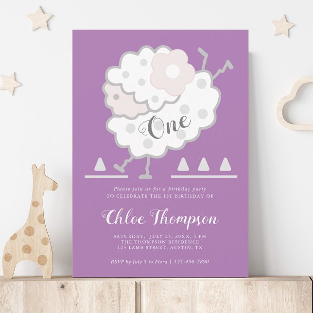 Simple Cute Jumping Lamb Lavender 1st Birthday  Invitation (Creator Uploaded)