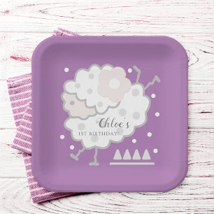 Simple Cute Jumping Lamb Lavender 1st Birthday Paper Plate
