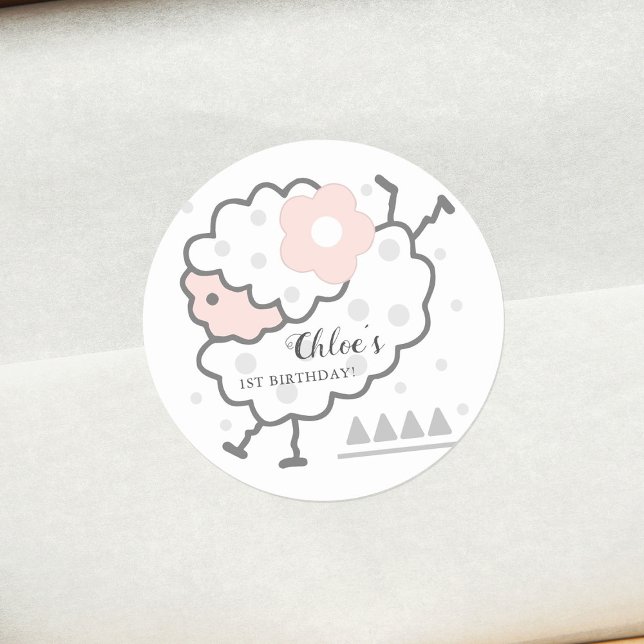 Simple Cute Jumping Lamb Pink & White 1st Birthda Classic Round Sticker (Creator Uploaded)