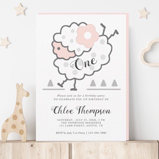 Simple Cute Jumping Lamb Pink & White 1st Birthday Invitation (Creator Uploaded)