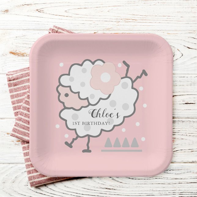 Simple Cute Jumping white Lamb 1st Birthday Pink Paper Plate (Creator Uploaded)
