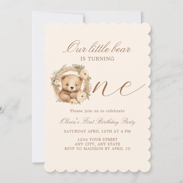 Simple Cute Kids Little Bear 1st Birthday Invitation (Front)