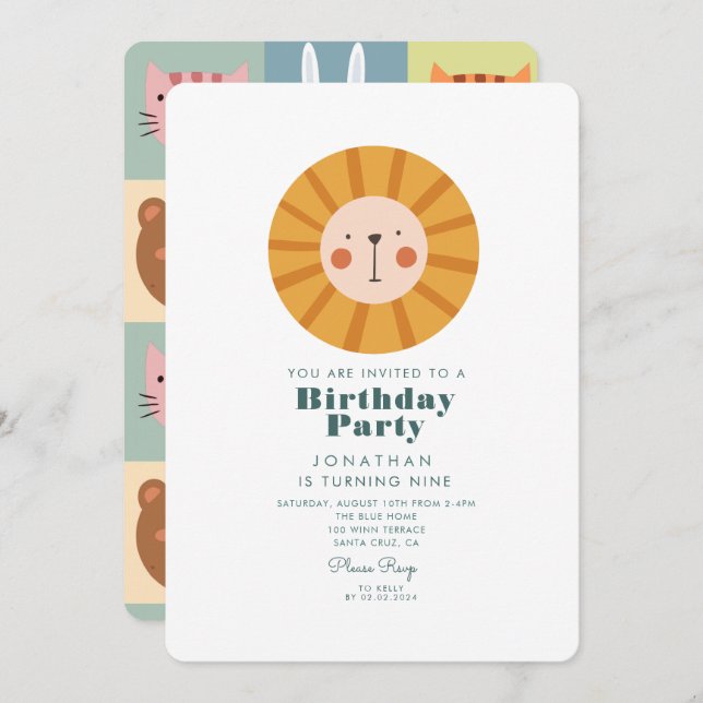 Simple Cute Lion Forest with Animals Birthday   Invitation (Front/Back)