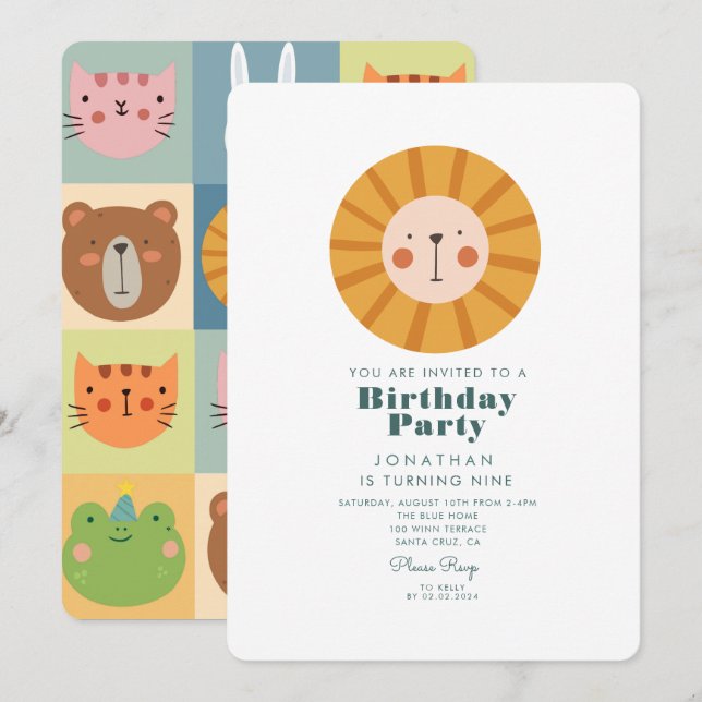 Simple Cute Lion Forest with Animals Birthday  Invitation (Front/Back)