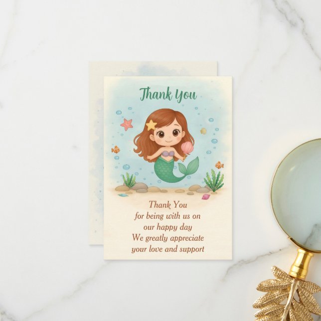 Simple cute little mermaid thank you card (Front/Back In Situ)