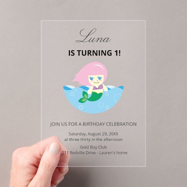 Simple Cute Mermaid Queen Birthday  Acrylic Invitations (Insitu (Handheld))