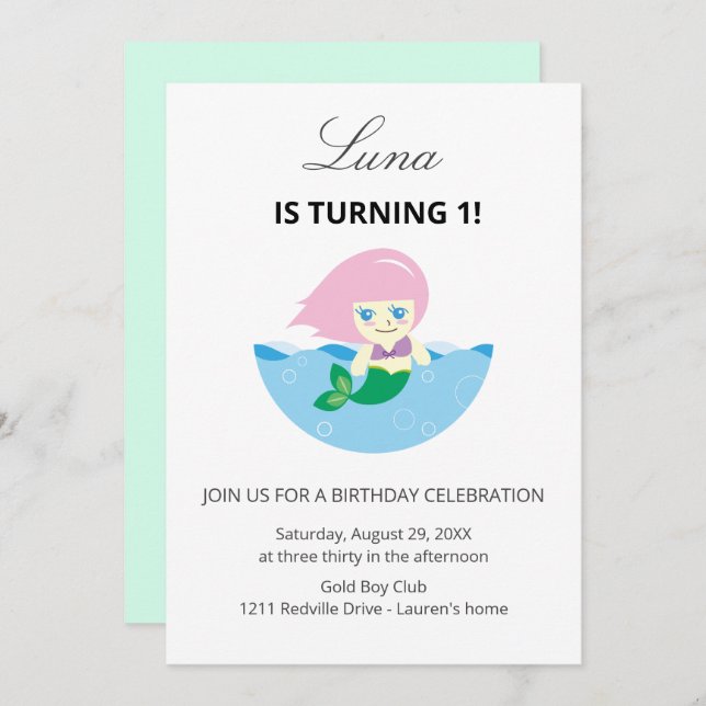 Simple Cute Mermaid Queen Birthday  Invitation (Front/Back)
