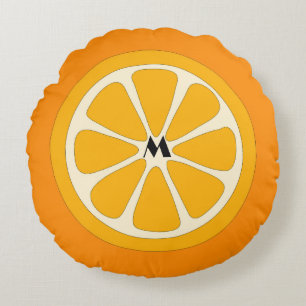 Simple Cute Minimalist Orange Slice with Monogram  Round Cushion