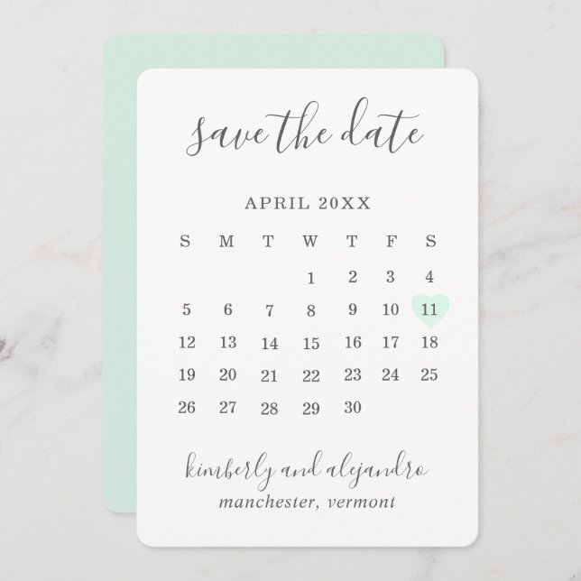 Simple Cute Mint Green Heart Calender Wedding Save The Date (Front/Back)