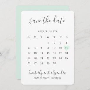 Simple Cute Mint Green Heart Calender Wedding Save The Date