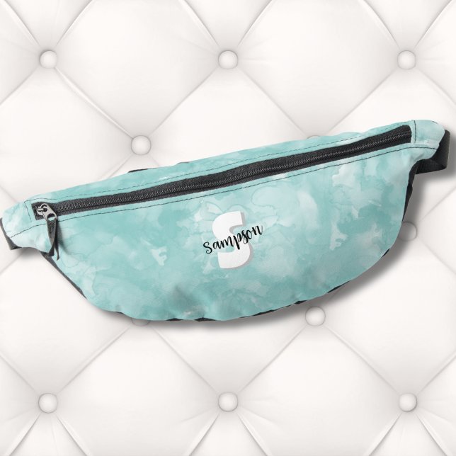 Simple Cute Modern Initial Monogram Bum Bags (Cute Modern Monogram Teal Blue Watercolor Fanny Pack)