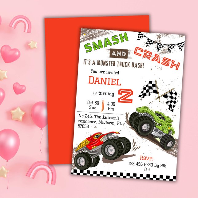 Simple cute modern monster truck kid 2nd birthday invitation (Creator Uploaded)