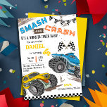 Simple cute modern monster truck kid 4th birthday invitation<br><div class="desc">Rev up the excitement for your child's birthday with our "Monster Truck Bash 4th Birthday Invitation!" This is perfect for young monster truck enthusiasts, featuring dynamic illustrations of roaring monster trucks in action, complete with mud splashes and tire tracks. Bold and vibrant text declares "SMASH and CRASH, " setting the...</div>