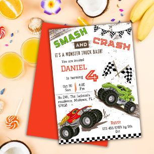 Simple cute modern monster truck kid 4th birthday  invitation