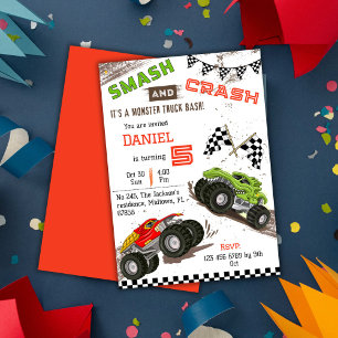 Simple cute modern monster truck kid 5th birthday  invitation