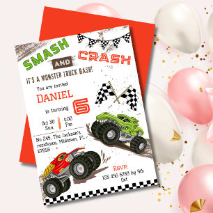 Simple cute modern monster truck kid 6th birthday  invitation
