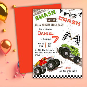 Simple cute modern monster truck kid 7th birthday  invitation