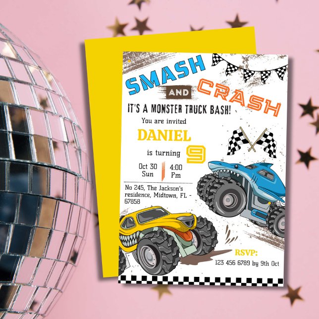 Simple cute modern monster truck kid 9th birthday invitation (Creator Uploaded)