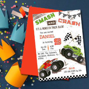 Simple cute modern monster truck kid 9th birthday invitation