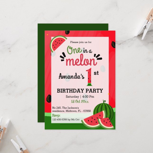 Simple cute modern One in a Melon 1st Birthday Invitation (Front/Back In Situ)