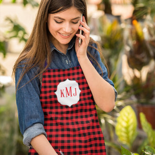 Simple Cute Monogram Red Black Buffalo Check Apron