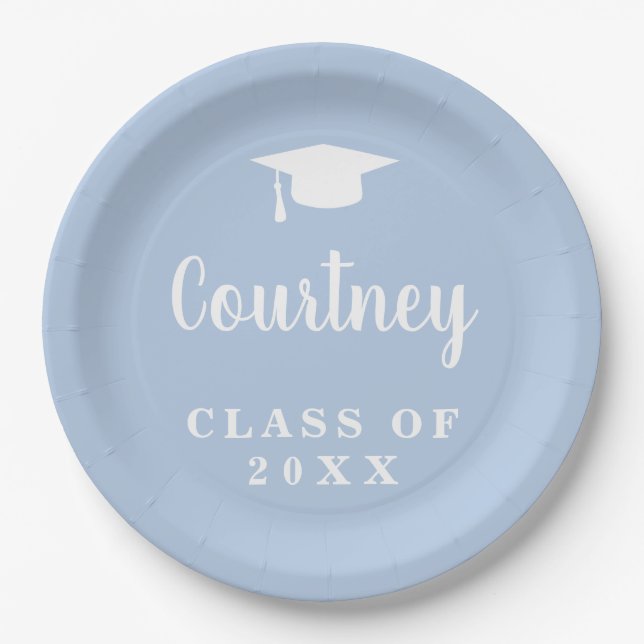 Simple Cute Mortar Board Pastel Blue Graduation Paper Plate (Front)