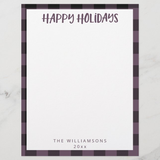 Simple Cute Name Purple Plaid Holiday Stationery  Custom Letterhead (Front)