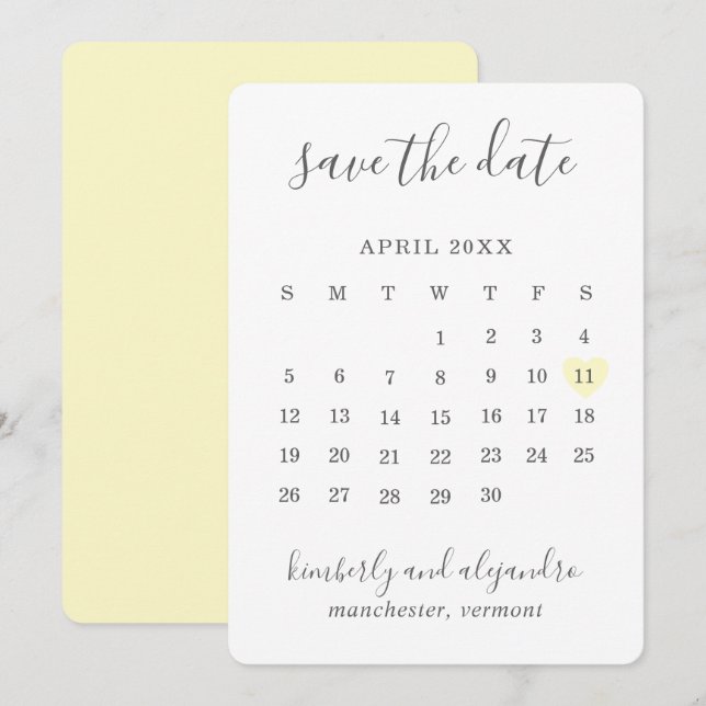 Simple Cute Pastel Yellow Heart Calender Wedding Save The Date (Front/Back)