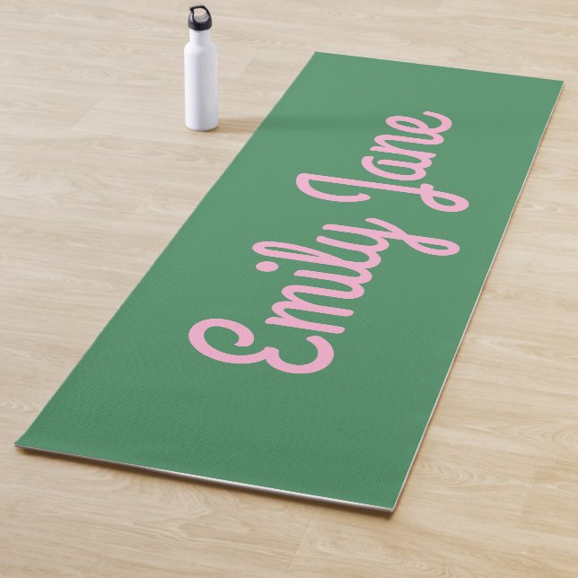 Simple Cute Pink and Green Script Personalised Yoga Mat (In Situ)